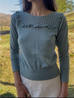 Ruffle-Yoke Knit Sweater - Dusty Blue - Vintage Inspired, EUC, Small, Feminine